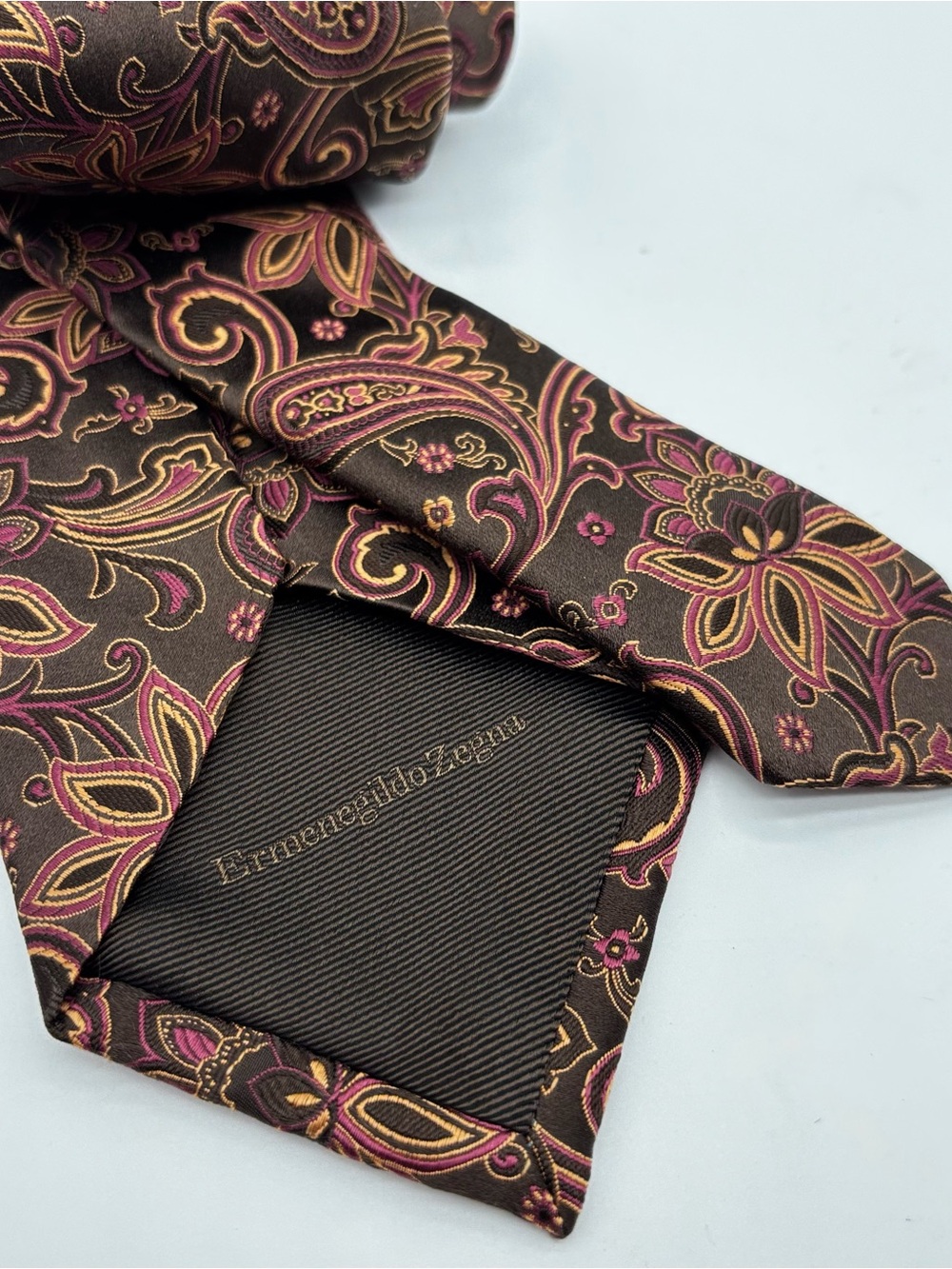 Ermenegildo Zegna Men's Silk Tie Brown Pink Paisley Floral Italy Designer Luxury